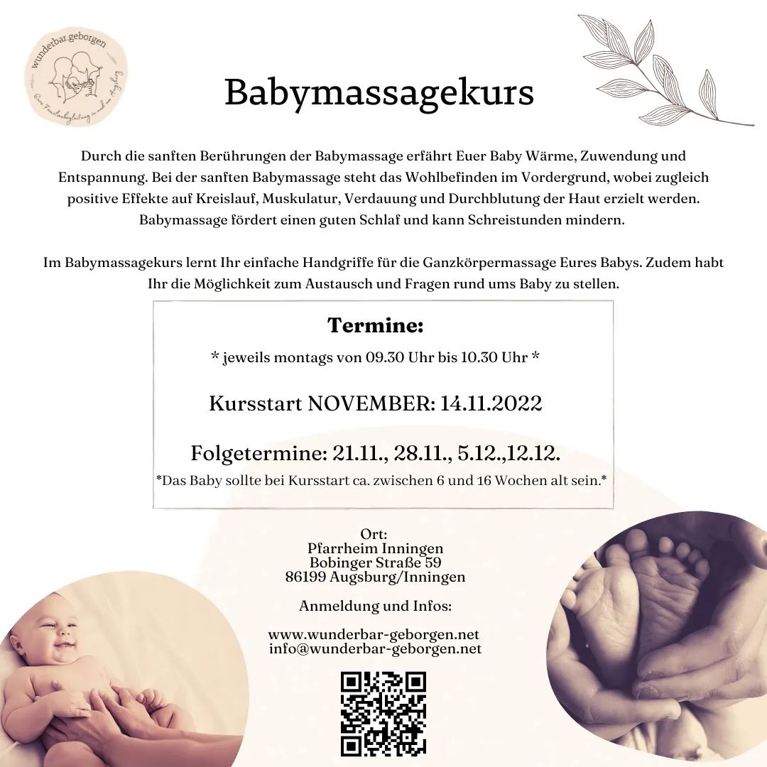 Hallo #Mama aus #Augsburg und Umgebung! 

Im #Babymassagekurs lernst du einfache Massagegriffe, die deinem Baby zur Entspannung verhelfen und bei Bauchschmerzen, beim Zahnen und bei unruhigen Nächten helfen können. Außerdem bleibt Zeit für den Austausch mit Themen rund ums #Baby. 

💗Zwillingseltern zahlen nur 1x! 

💗Der Kurs wird auch im Sinne des "Bildung und Teilhabe" - Pakets übernommen.

➡️Anmeldung auf der Website, Link in Bio. 

Ich freue mich auf Euch!

#babymassage #Augsburg #augsburgmama #inningen #bobingen #göggingenaugsburg #haunstetten #königsbrunn #wunderbar.geborgen